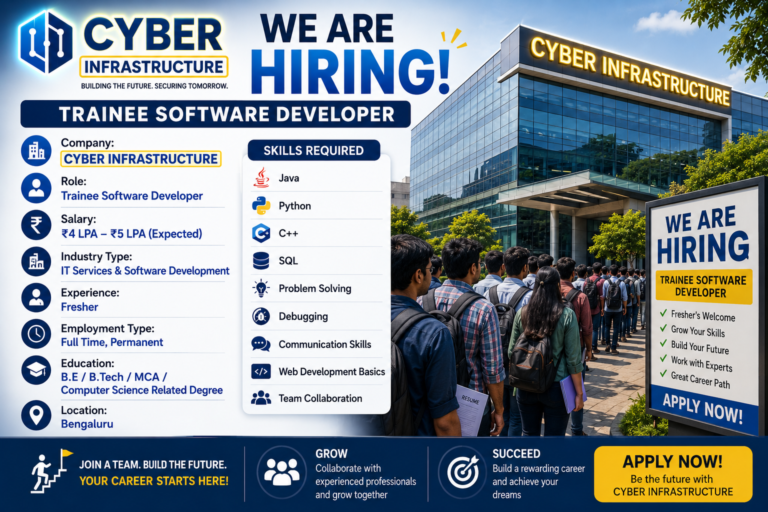 Cyber infrastructure Company hiring trainee software development role 2026 -fresher jobs in Bengaluru for freshers may 2026​