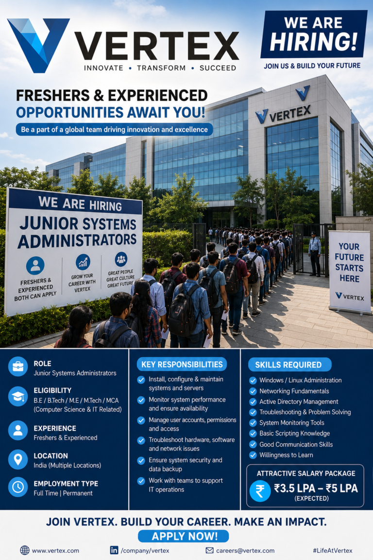VERTEX Company hiring Junior Systems Administrator role 2026 -fresher jobs in Hyderabad for freshers 2026​