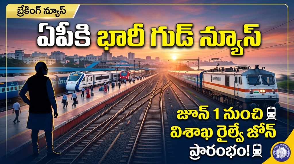 Visakhapatnam railway zone announcement with modern train and city skyline
👉 South Coast Railway Zone Vizag new division railway station image
👉 Andhra Pradesh new railway zone development train track view
👉 Waltair division reorganization Visakhapatnam railway zone map
👉 Vizag railway zone June 1 launch Indian Railways news
👉 విశాఖ రైల్వే జోన్ ప్రారంభం రైల్వే స్టేషన్ చిత్రం
👉 సౌత్ కోస్ట్ రైల్వే జోన్ విజాగ్ అభివృద్ధి