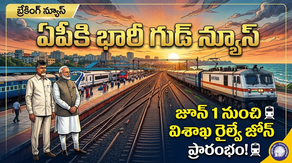 Visakhapatnam railway zone announcement with modern train and city skyline
👉 South Coast Railway Zone Vizag new division railway station image
👉 Andhra Pradesh new railway zone development train track view
👉 Waltair division reorganization Visakhapatnam railway zone map
👉 Vizag railway zone June 1 launch Indian Railways news
👉 విశాఖ రైల్వే జోన్ ప్రారంభం రైల్వే స్టేషన్ చిత్రం
👉 సౌత్ కోస్ట్ రైల్వే జోన్ విజాగ్ అభివృద్ధి